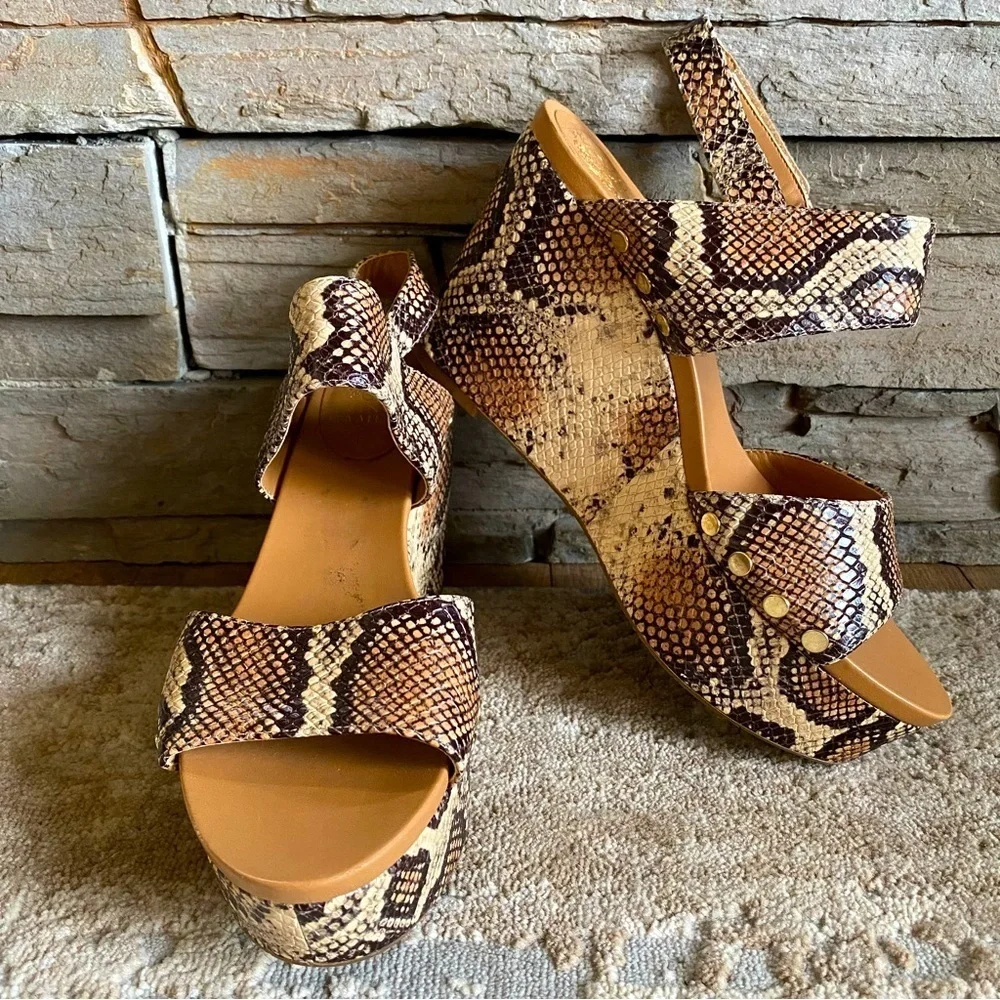 Vince Camuto Ventinda Wedge Platform Snakeskin Sandals Heels Open Toe Leather